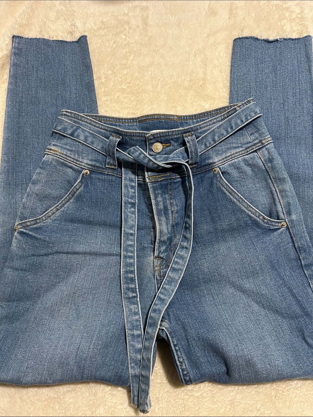 Forever 21 Medium Blue High-Rise Jeans with Self-Tie Belt